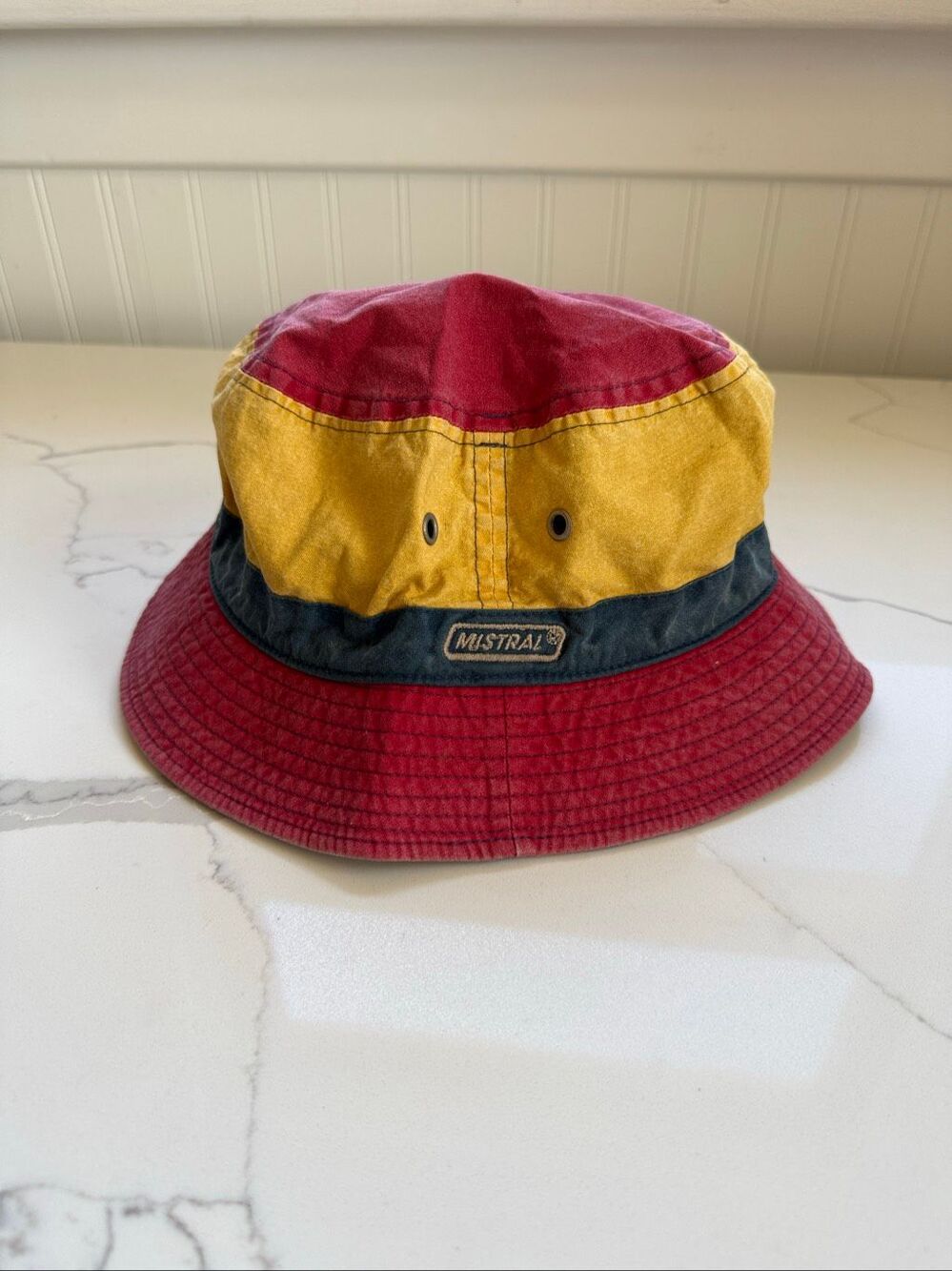 80s 90s Vintage Mistral Colorblock Cotton Bucket Hat One size Red Yellow Blue